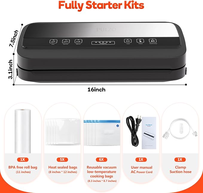 Vacuum Sealer Machine, 95Kpa vacuum sealer for food with Bags Storage and Built-in Cutter,food vacuum sealer machine,Dry/Moist/Gentle Mode, Removable Drip tray, Complete Starter Kits, Stainless Steel