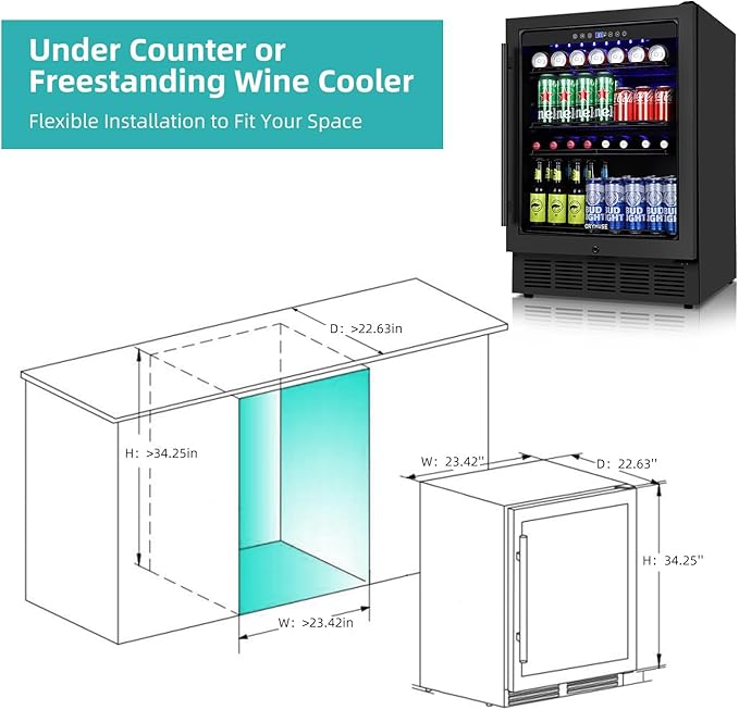 ORYMUSE Beverage Refrigerator 24 Inch, 180 Can Drink Fridge with Glass Door, Under Counter or Freestanding Beverage Cooler for Soda, Beer, Wine – Quiet Cooling for Kitchen, Bar, Office, Black