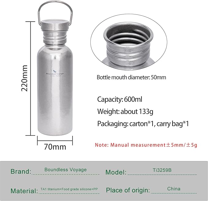 Boundless Voyage Titanium Water Bottle with Lid Wide Mouth Leak-Proof Reusable Sport Drinking Bottle for Camping Hiking Picnic Climbing Running Tea Coffee (600ml-glossy)