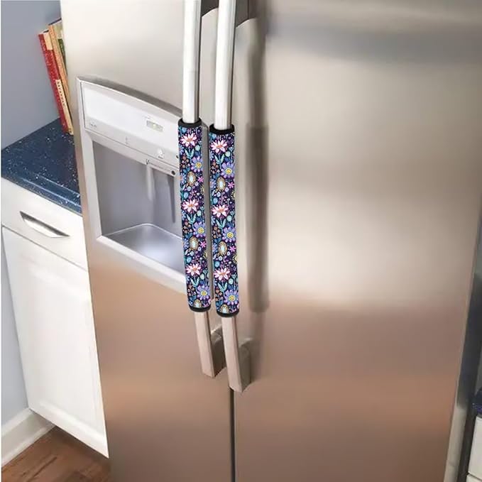 6 PCS Refrigerator Door Handle Covers Kitchen Electrical Appliances Handle Protector Easy Installation Keep Off Stains Dust Fingerprint Smudges, Hippie Flower Lotus Blue
