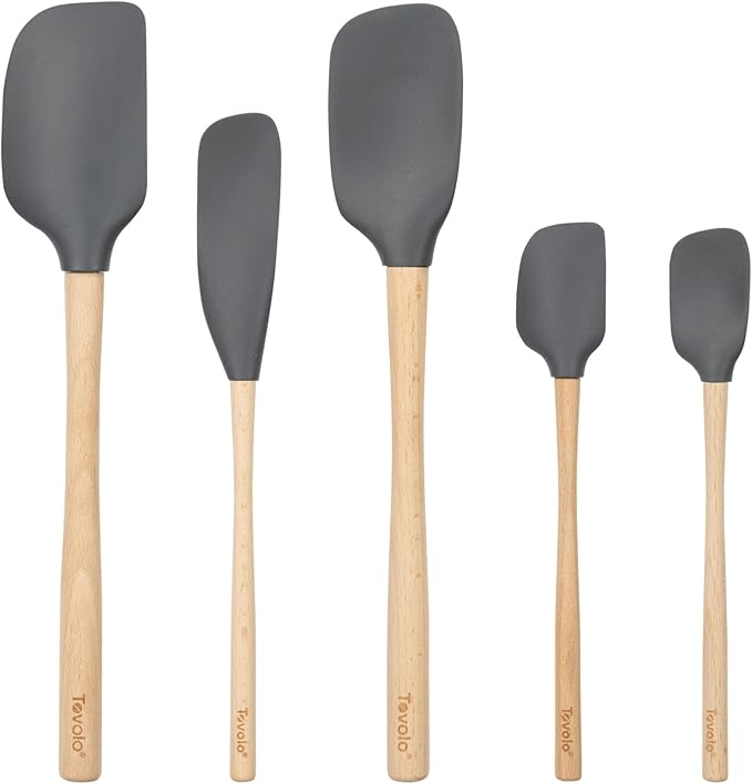 Tovolo Silicone Spatula with Wooden Handle Set of 5 Piece Silicone Kitchen Utensil Set Spoonula Jar Scraper Mini Spatula and Spoonula for Cooking Baking Mixing Folding Charcoal Gray