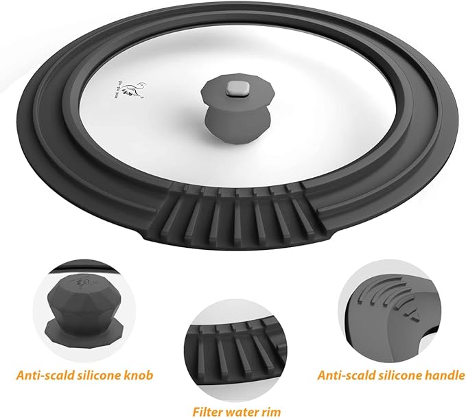 Tempered Strainer Lid for Stockpot, Pasta, Soup Pots - Universal Pan Lids with Heat Resistant Silicone Rim - Glass - Fit 6.5-9.5 inch - Black