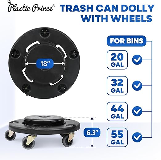 18" Trash Can Dolly with Wheels Black for 20 gal and 32 44 55 gal Brute Containers