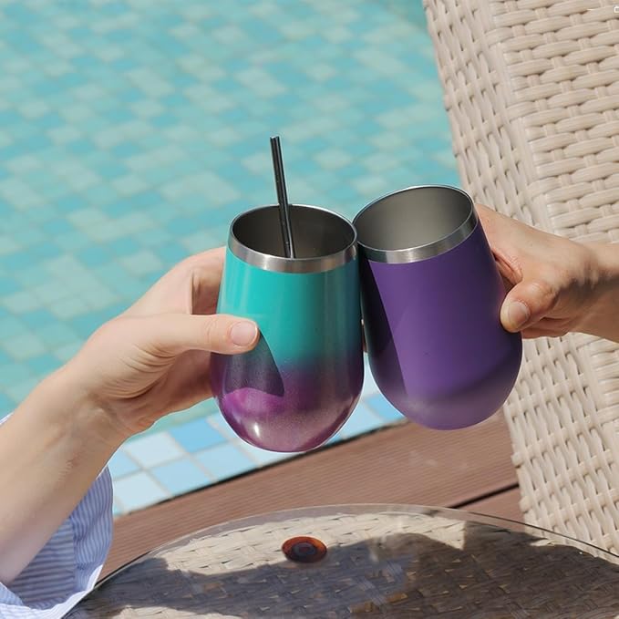MEWAY Stainless Steel Wine Tumbler with Lid and Straw 12oz - Stemless Insulated Wine Cup Glass for Coffee,Cocktails,Drinks,Champagne, and Office Use, Ideal for Parties and Gifts(Purple,1)