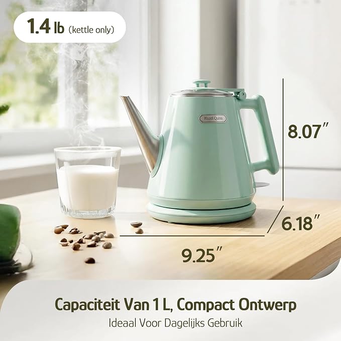 Hazel Quinn Electric Kettle - 1L/34oz Small Tea Kettle, 800W Fast Boil, All 304 Stainless Steel Interior, Double Wall for Cool Touch and Thermal, Auto Shut-Off, BPA-Free, Cordless - Mint Green