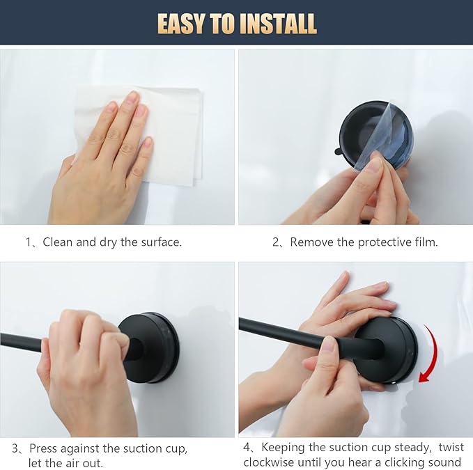 DGYB Adjustable Suction Cup Towel Bar for Bathroom 14 Inch ~ 27 Inch Matte Black Towel Rack Stainless Steel Bath Towel Holder for Glass Shower Door