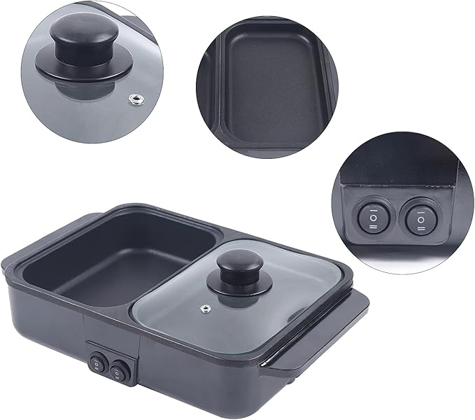 CNCEST 2 in 1 Portable Electric Hot Pot Barbecue Grill Non-Stick Teppanyaki Pan 110V Indoor Hotpot Grill Korean BBQ Combo (Black)
