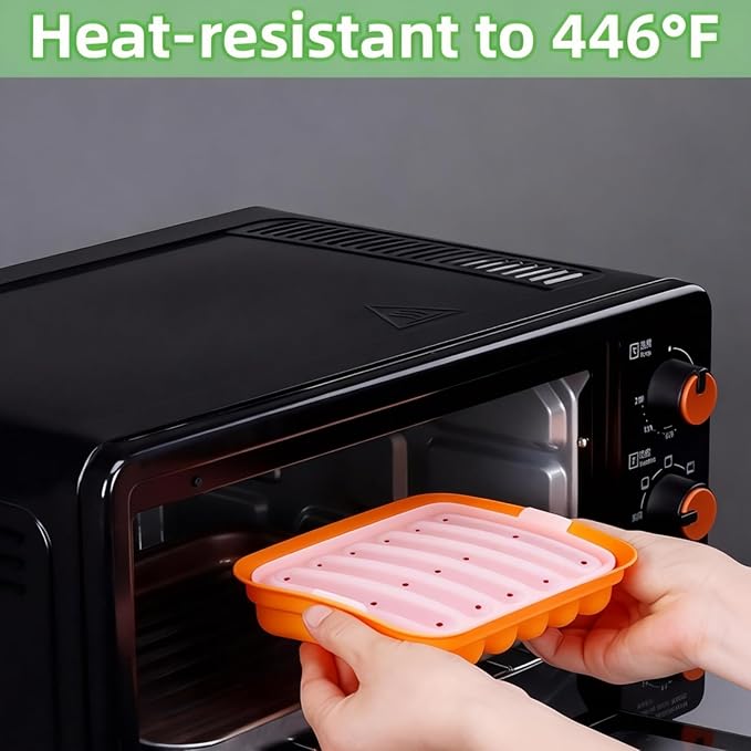 Silicone Sausage Mold 2 Pcs with a Set of Silicone Brush Spatula and 25x Pastry Bags, Non-Stick Hot Dog Bun Pan, DIY Handmade Ham Sausage, Hot Dogs Baking Mold for Children's Food with Lid, Orange