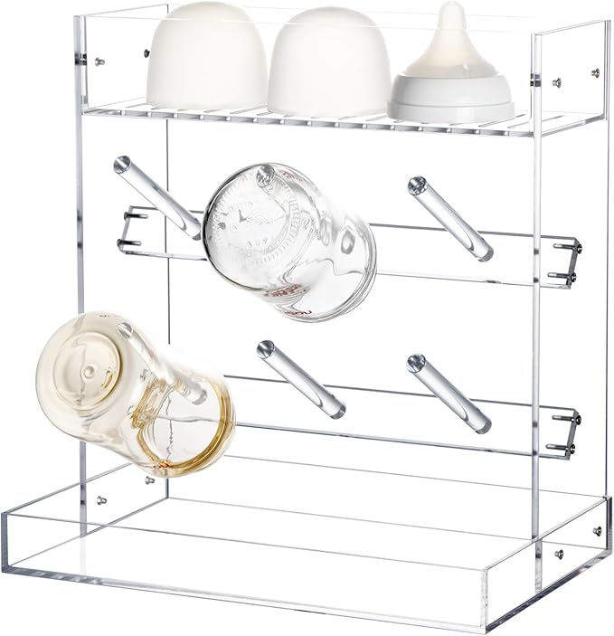 Baby Bottle Drying Rack Space Saving Acrylic Vertical Bottle Dryer Rack with Drip Tray - Clear Kitchen Countertop Storage Organizer–Fast Drying and Easy Cleanup - 10.3 x 6.3 x 10.6 in