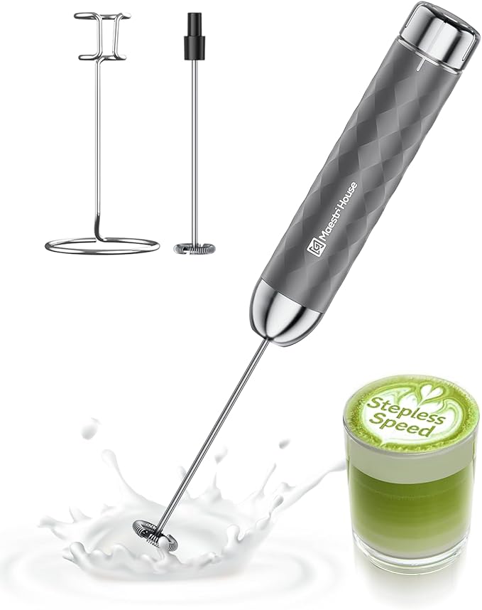 Maestri House Rechargeable Milk Frother with Stepless Speed Control, LunaFro 2.0 Handheld Electric Foam Maker Waterproof Drink Mixer Foamer for Lattes, Cappuccino