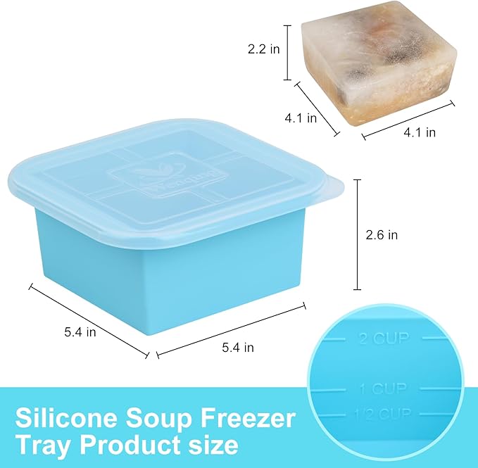 Silicone Freezer Tray with Lid 4 Pack Silicone Freezer Molds Ice Cube Tray Makes 4 Perfect 2 Cup Portions Soup Cubes Meal Prep Containers- Oven & Dishwasher Safe