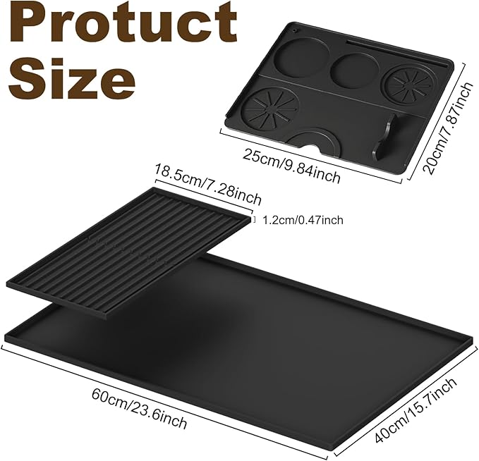 3-Pack Silicone Coffee Mat Set, 24" x 16" Coffee Bar Mat for Countertop with Separable Small Drying Mat and Espresso Tamping Mat, Fit Under Coffee Maker Espresso Machine, Black