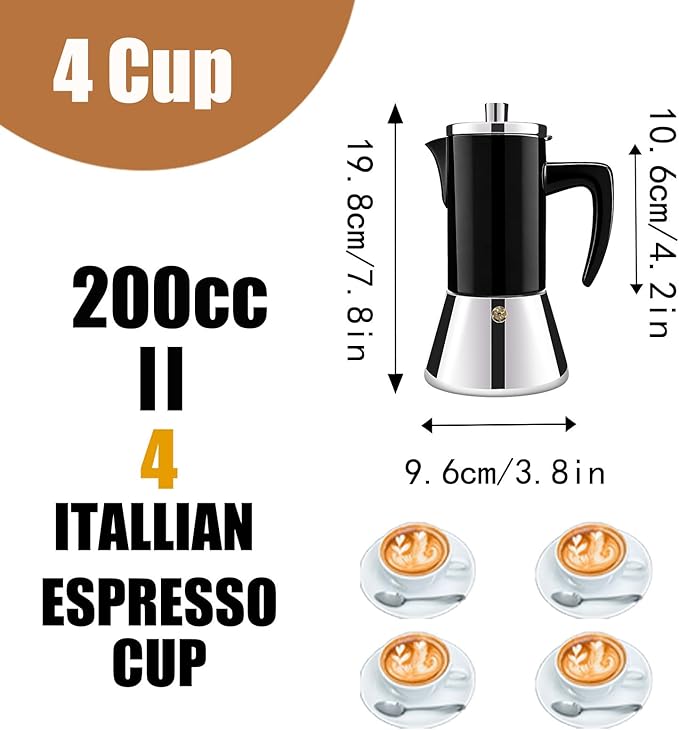 4 Cup Thickened 304 Stainless Steel Moka Pot Stovetop Espresso Maker Cafeteras Italian Percolator Espress Makers Capable Greca Mocha Coffee Machine for Induction Home and Camping 200ml 6.6oz