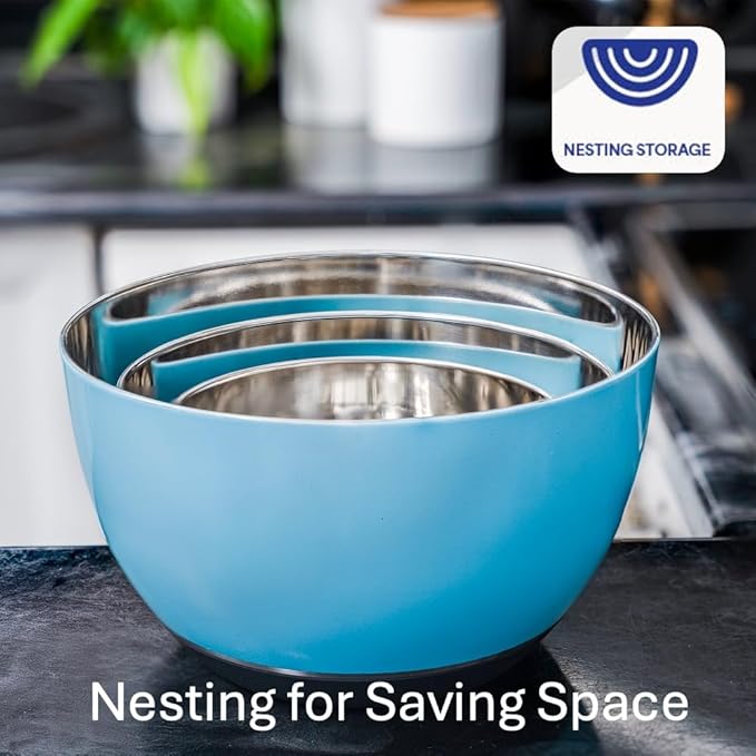 WHYSKO® Stainless Steel Mixing Bowls (Set of 3) with Non-Slip Silicone Base for Kitchen, Dishwasher Safe Bowls for Meal Prep, Cooking, Baking, Serving, Food Storage (Light Blue)