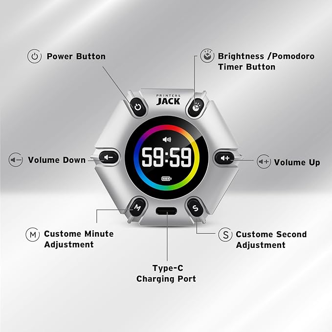 Printers ack Pomodoro Timer - Productivity Cube, Visual Focus Timer, Mute & Vibration & Adjustable Sound Alert, for Office, ADHD, Study, Work, 3/5/10/25/30/60min & Custom Countdown - Silver