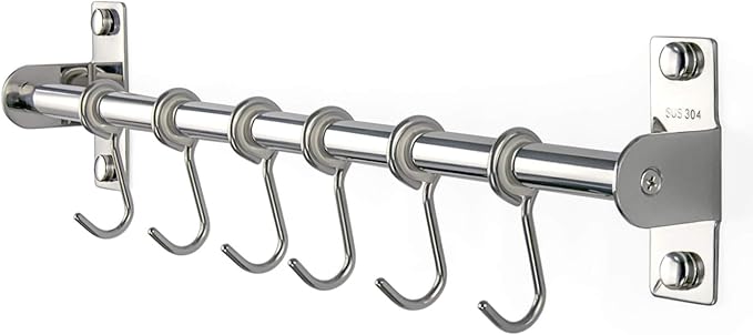 Sliding Hooks, Wall Mounted Rail, Stainless Steel Utensil Holder and Pot Lid Rack for Kitchen Tools, Towel, Pot Pan, Loofah, Spoon - Polished Finish, 6 Hooks