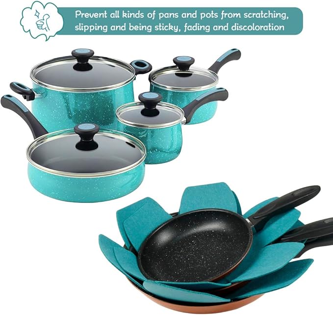 BYKITCHEN Pot and Pan Protectors, Set of 12 and 3 Different Sizes, Larger & Thicker Felt Pan Protector Pads, Cyan Pot Separators Protectors for Stacking and Protecting Your Cookware