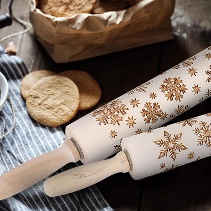 Embossed Wooden Rolling Pin for Baking, Deep Engraved Embossing Rolling Pin with Christmas Snowflake Flower Design for Baking Embossed Cookies Cute Kitchen Decor DIY Tool for Kids and Adults