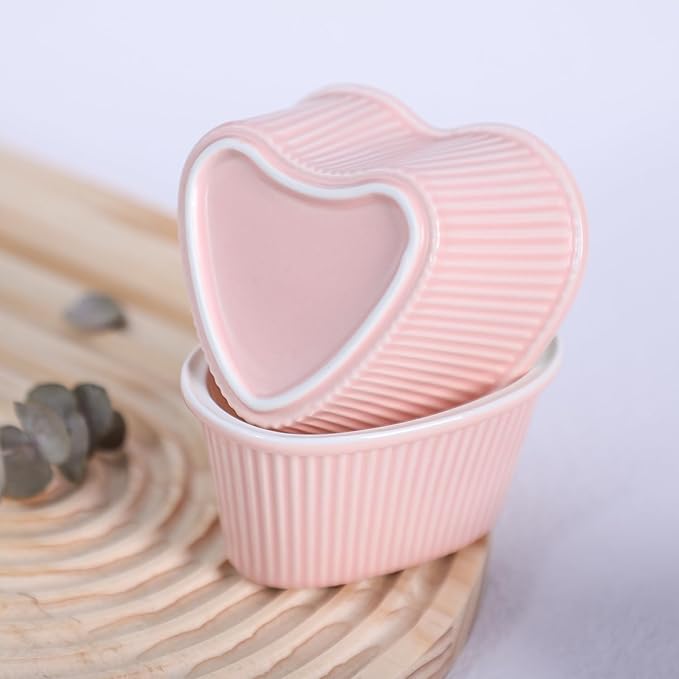 Sizikato Heart-Shaped Pink Porcelain Souffle Dishes, Ramekins - 3.5 Inches for Souffle, Creme Brulee and Dipping Sauces - Set of 4
