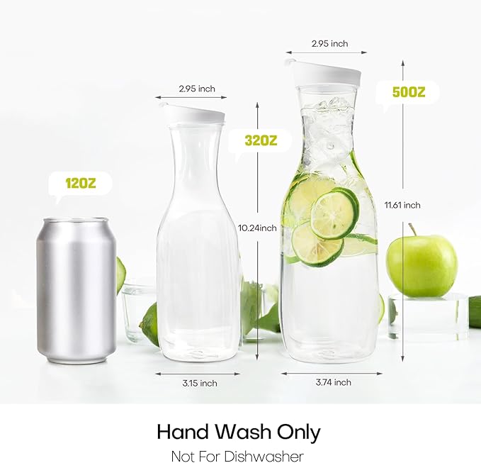 Cuiselect Water Carafe with Lid, 32 Oz Round Plastic Pitcher for Drinks, Milk, Mimosa Bar Supplies, Iced Tea, Juice Containers with Lids for Fridge, BPA-Free, NOT DISHWASHER SAFE, 6 Pack