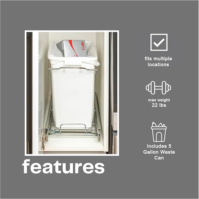 Household Essentials Glidez Chrome-Plated Steel Pull-Out/Slide-Out Discreet Single 5 Gallon Plastic Trash Can for Under Cabinet Use - Fits Standard Size Cabinet, Chrome and White