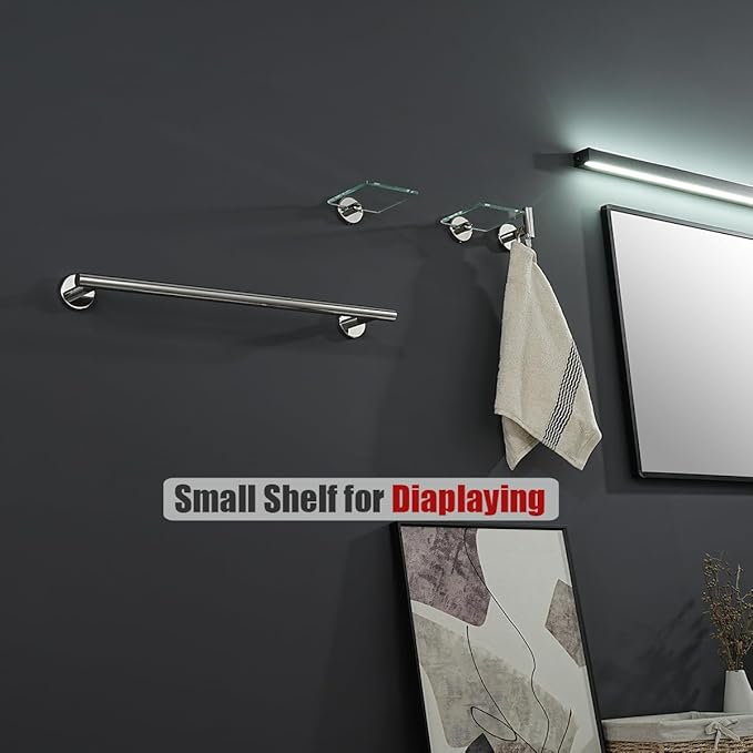 JQK Small Floating Glass Shelves Chrome, 4 Inch Display Ledges for Wall, Mini Decor, Living Room Bedroom Bathroom, Tempered Glass Shower Storage, 2 Pack, TGS101L4-CH-P2
