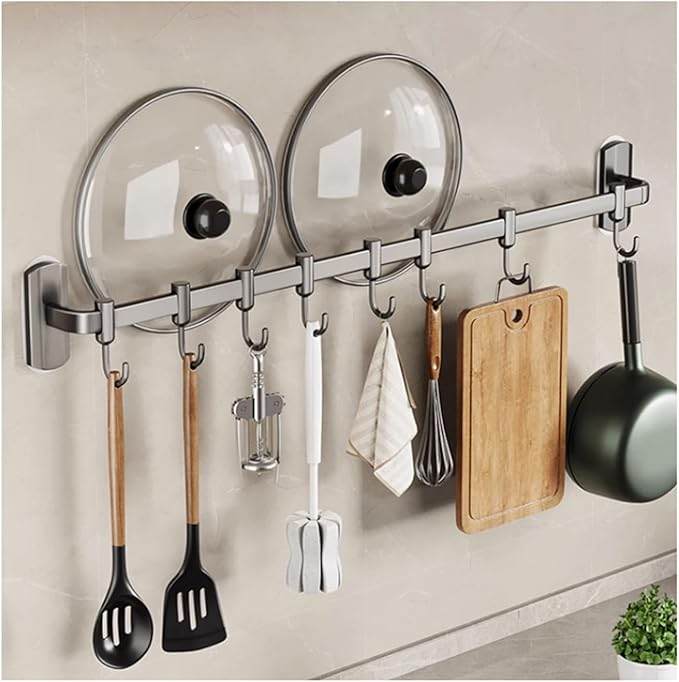 Rail Rack Organizer Self Adhesive Kitchen Utensil Rack Aluminum Wall Mounted Hanging Rail 8 Removable Hooks Pots Pans Spoons Knives,Grey,45cm