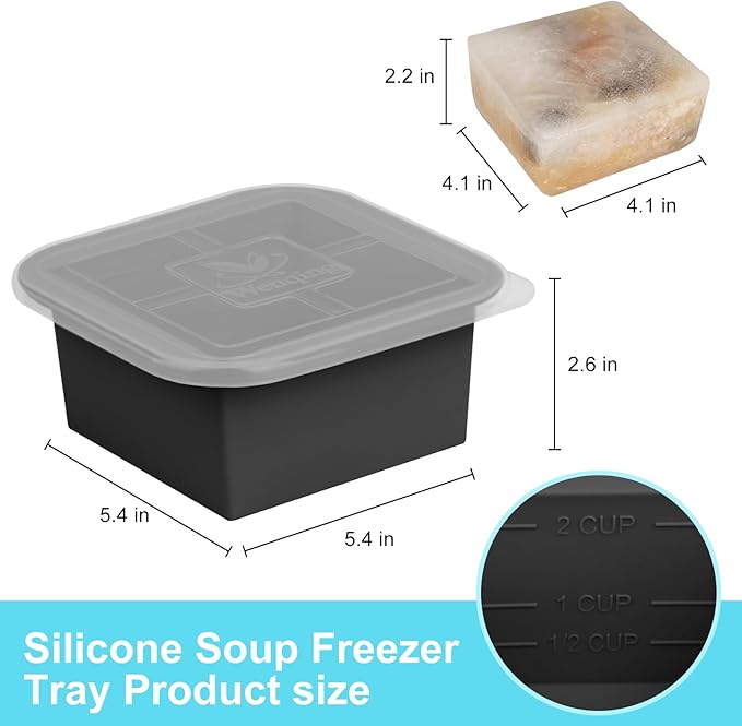 Silicone Freezer Tray with Lid 2 Pack Silicone Freezer Molds Ice Cube Tray Makes 2 Perfect 2 Cup Portions Soup Cubes Meal Prep Containers- Oven & Dishwasher Safe