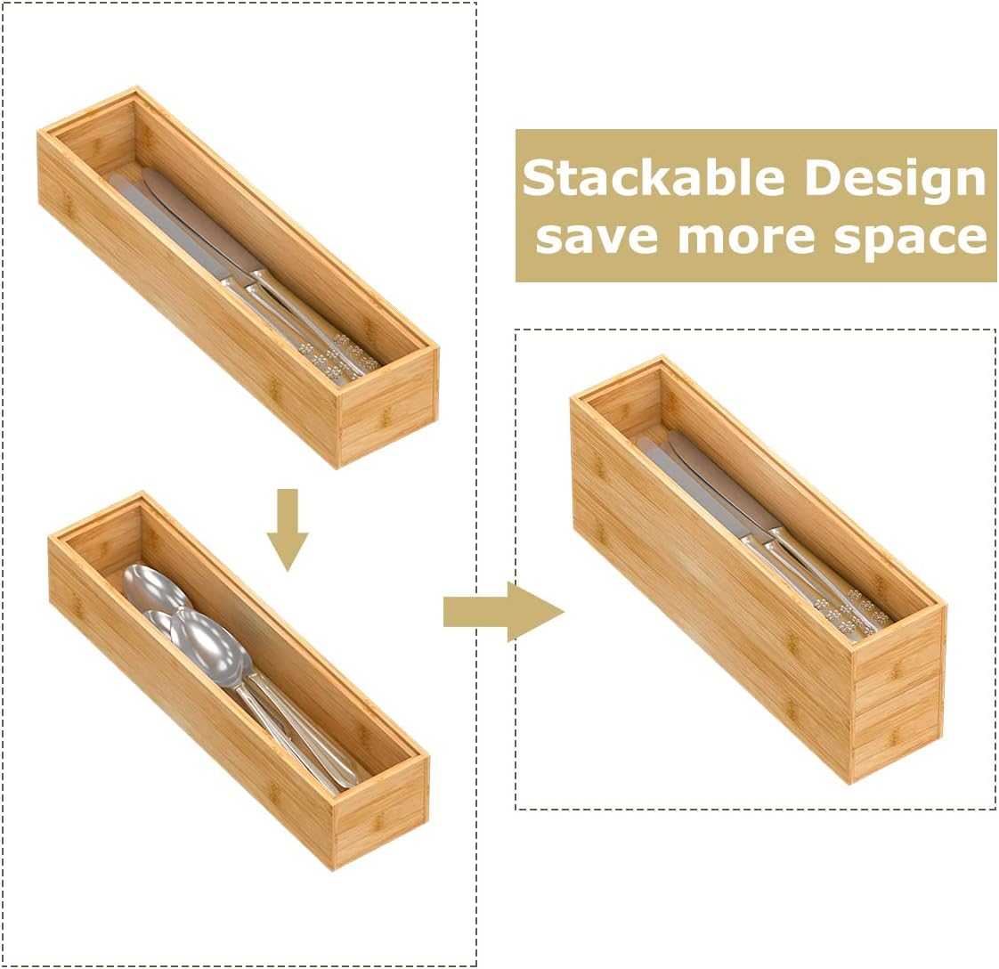 Bamboo Kitchen Drawer Organizer, Stackable Silverware Tray Utensil Organizer Cutlery Holder for Kitchen,Wooden Storage Box for Bathroom, Multi-Use Storage Bins Dividers for Office(12x3x2.5 inch）