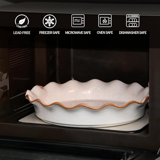 SIDUCAL Pie Pan for Baking 10.5 inch,NonStick Reusable Ceramic Pie Plate with Ruffled Edge,Dishwasher and Oven Safe,Deep Dish Pie Pan for Apple Pie,Quiche,Pot Pies, Tart, etc（White）