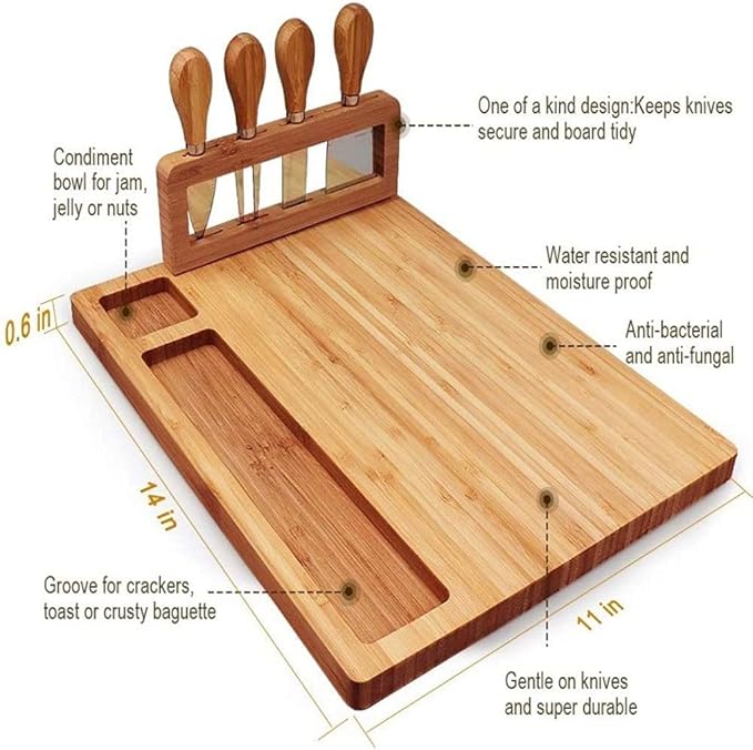 Grafken Bamboo Cheese Board Set, Wooden Cheese Board Set, Charcuterie Plate, and Serving Meat Board, Cutting Board, Suitable for Fruits, Biscuits, Bread (Size : 36 * 29 * 1.5cm)
