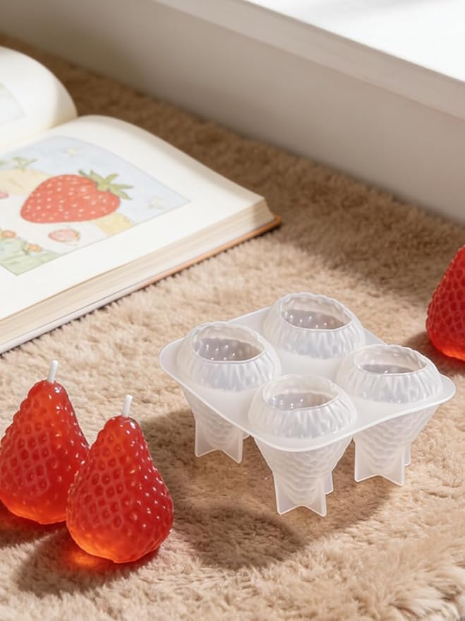 4 Cavity Strawberry Silicone Mold – 2 Pieces Big Strawberry Silicone Fruit Mold for Chocolate, Fondant, Candle, Resin & Cake Decor, 3D DIY Baking Tool for Parties & Gifts (Big Strawberries)