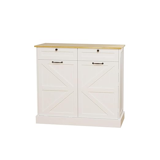 RASOO Trashcan Cabinet for Kitchens 10 Gallons Tilt Out Trash Recycling Cabinet with Hideaway Drawers, 1 Door with Storage Rack for Laundry Room, Pantry, Kitchen, White