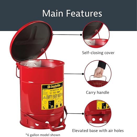 Justrite 21 Gallon Galvanized Steel Oily Waste Can, 23.5" x 18" Metal Oil Rag Safety Can with Quiet Foot Operated Self-Closing Lid for Oil Rag Disposal, Made in The USA, Red, 09708