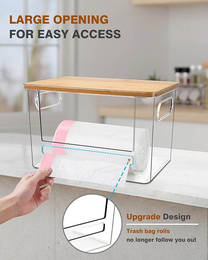 Trash Bag Dispenser 2 Pack, Acrylic Garbage Bags Dispenser with Bamboo Top, Extra Large Trash Bag Holder Dispensers Under Sink for Kitchen, Cabinet, Laundry Room, Pantry Organizer and Storage