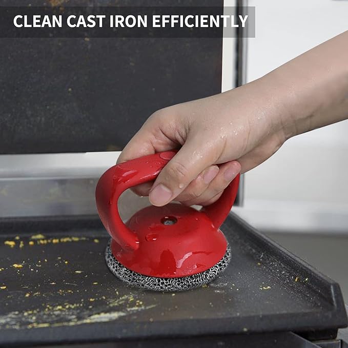 Cast Iron Cleaner Scrubber+Tray with Handle, Welded Chainmail Scrubber for Pan Pot Oven Wok Cleaning- Small Ring Chain Scrub Metal Brush Iron Skillet Steel Wool Scrubber Steel Sponge
