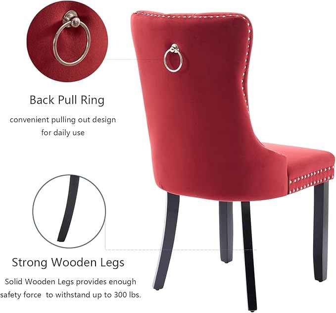 Velvet Dining Chairs Set of 6, Upholstered Dining Room Chairs with Back Ring Pull Trim and Solid Wood Legs,Tufted Wingback Kitchen Chairs for Dining Room,Kitchen(Wine Red)