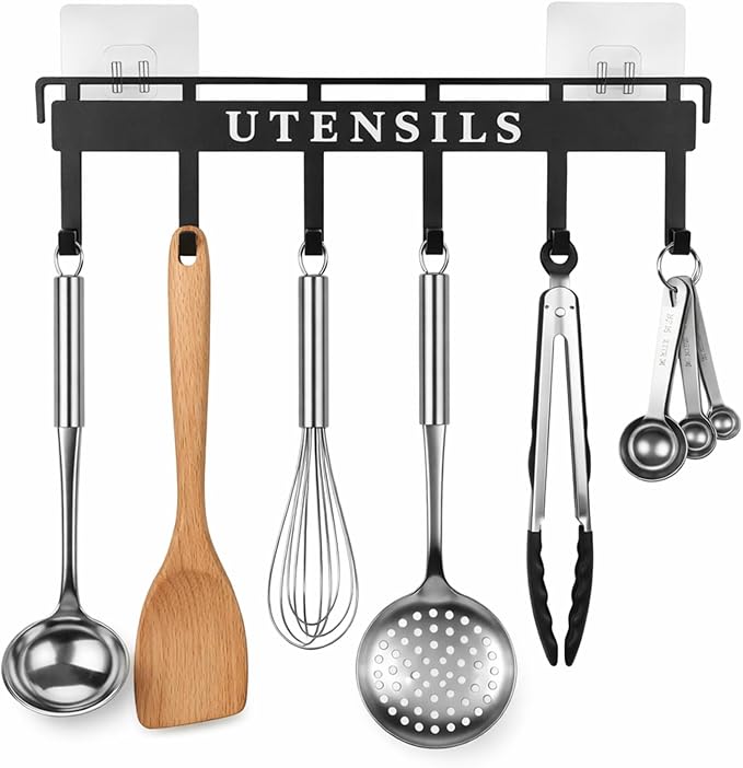 Kitchen Utensil Hanger Wall Mount Kitchen Utensil Holder Organizer Rack Rail with 6 Hooks Space Saving No Drilling Black Adhesive Wall Hooks for Hanging Cooking Utensils Set