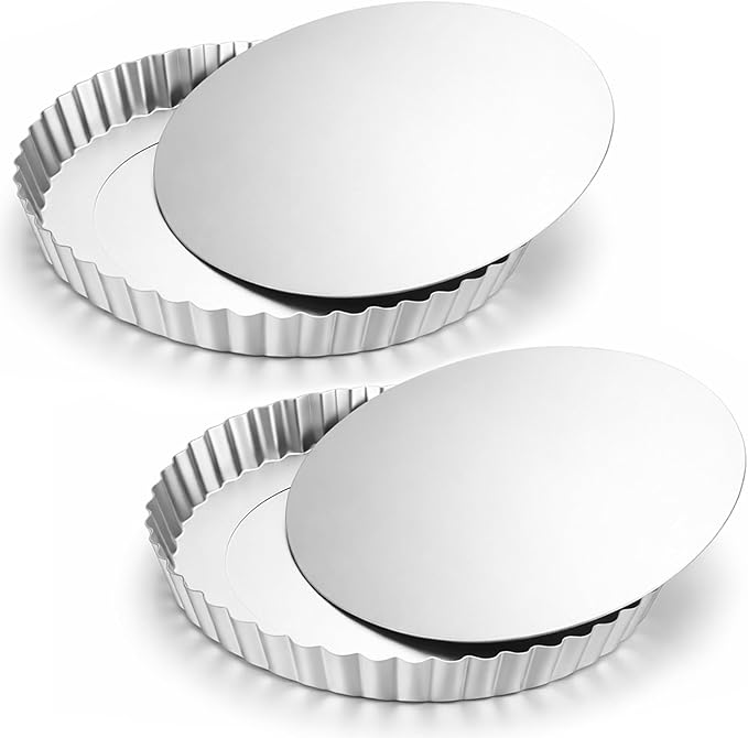 Hushee 2 Pack 9 Inch Tart Pan with Removable Bottom Non-Stick Carbon Steel Quiche Pan for Oven Baking Molds for Pies Quiches Fruit Tart Cake with Fluted Edges, Silver (1 Inch Deep)
