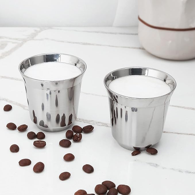 Easyworkz Stainless Steel Espresso Cup 2pcs Set Double Wall 5 oz, Bundled Espresso Steaming Pitcher Stainless Steel 12 oz Coffee Frothing Picther Milk Jug Cappuccino Latte Art Cup