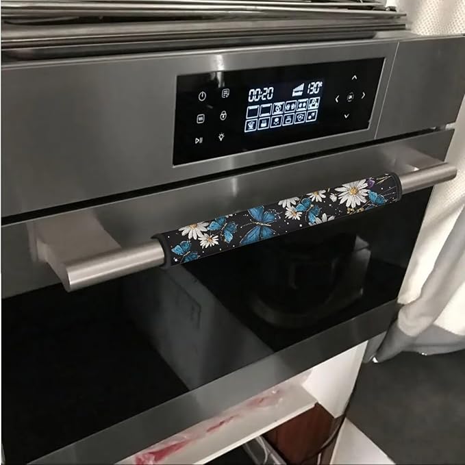 6 PCS Refrigerator Oven Door Handle Covers Anti-Skid Fridge Microwave Dishwasher Door Cloth Protector Keep Electric Appliances Clean Home Decoration Accessories, Daisy Blue Butterfly Black