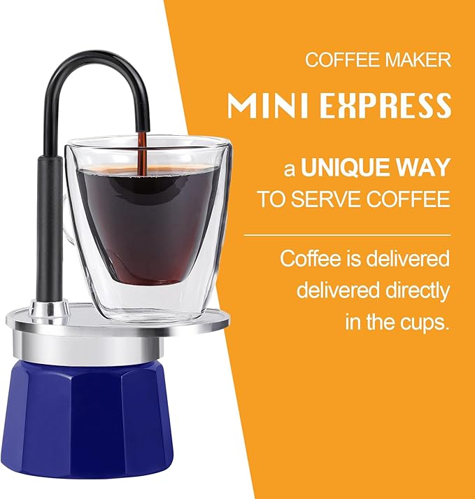 MVPLUE-Mini Express Swiss Single Tube Moka Pot Aluminum Blue，Moka Set includes One Double Wall 3oz Cup,Enjoy delicious coffee in no time