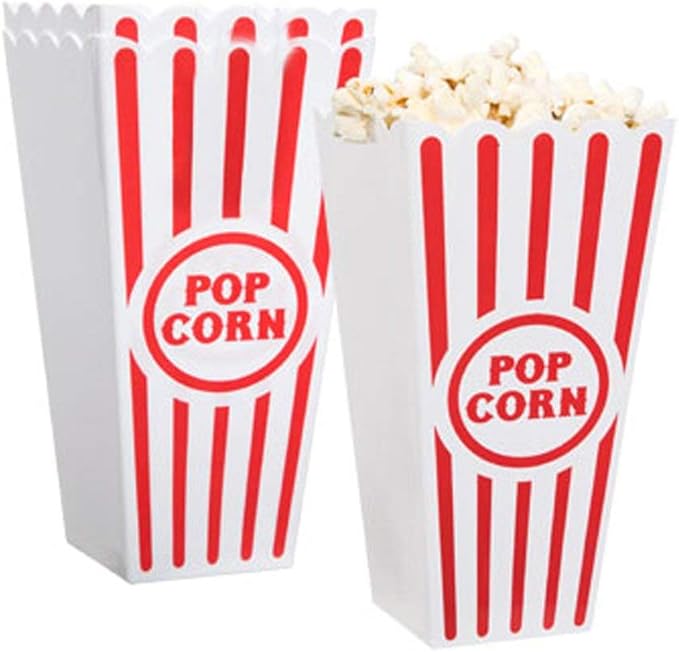 Novelty Place Plastic Red White Striped Classic Popcorn Containers for Movie Night - 7.8 inch Tall x 3.8 inch Square (4 Pack)
