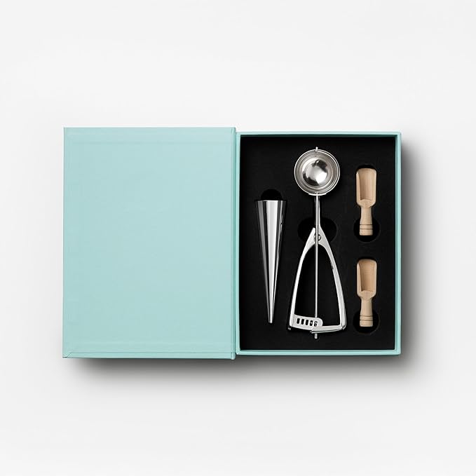 Printworks The Essentials, Ice Cream Tools – Stainless Steel Ice Cream Scoop with Trigger, Cone Shapes and Wooden Sprinkle Scoops, Book-Style Case