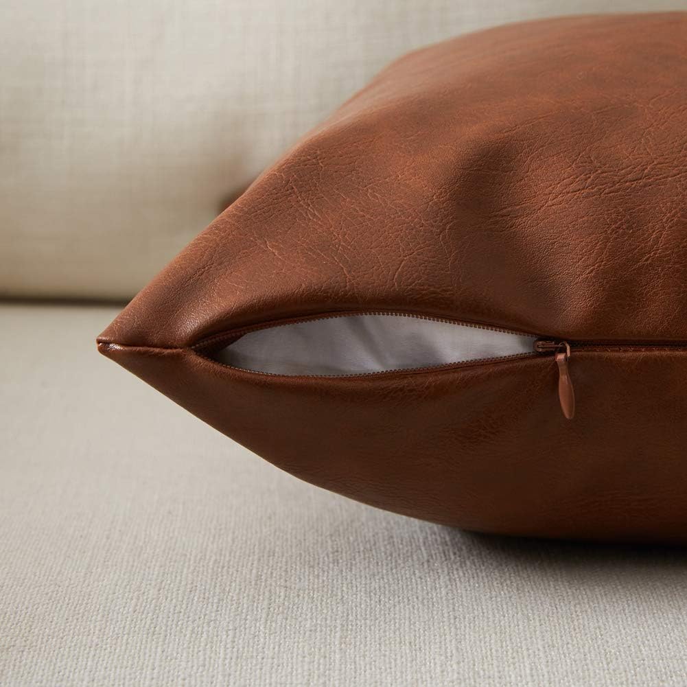 Fancy Homi Brown Boho Lumbar Faux Leather Decorative Throw Pillow Covers 12x24 Inch for Living Room Couch Bed Sofa, Solid Rectangle Cushion Case 30x60 cm, Rustic Modern Farmhouse Home Decor