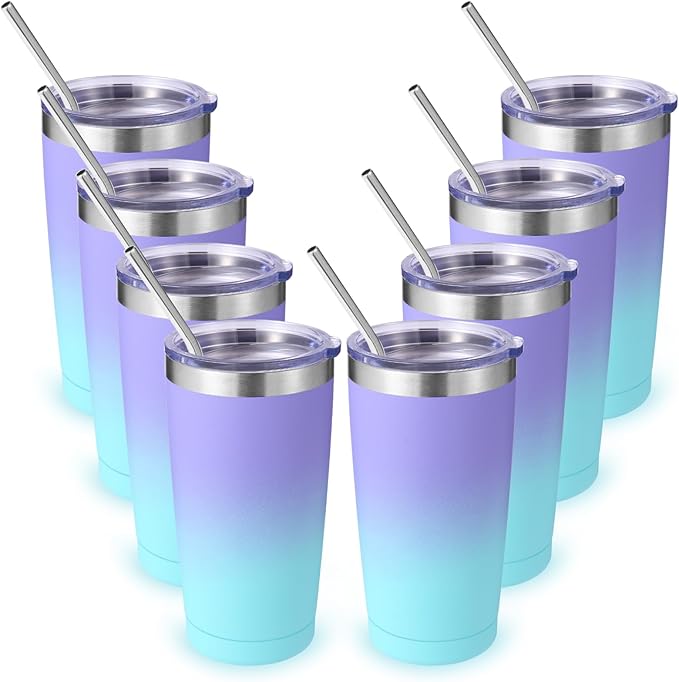 Volhoply 20oz Stainless Steel Tumbler with Lid and Straw Bulk 8 Pack,Double Wall Insulated Travel Iced Coffee Mug Fits Cup Holder,Powder Coated Cups for Cold Drinks,Christmas Gifts（Purple Bule,8 Set）