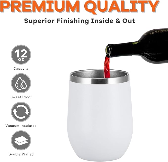 COMOOO 12oz Wine Tumbler with Lid and Straw, Stainless Steel Stemlss Wine Glass, Double Wall Vacuum Insulated Wine Tumbler Cup for Wine, Cocktails, Champaign, White, 16 Pack
