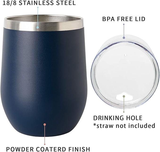 COMOOO Stainless Steel Wine Tumbler 4 Pack with Lid and Straw 12oz Double Wall Vacuum Insulated Wine GlassTumbler Cup for Hot and Cold Drinks, Coffee, Wine, Cocktails, Navy, 4 Pack