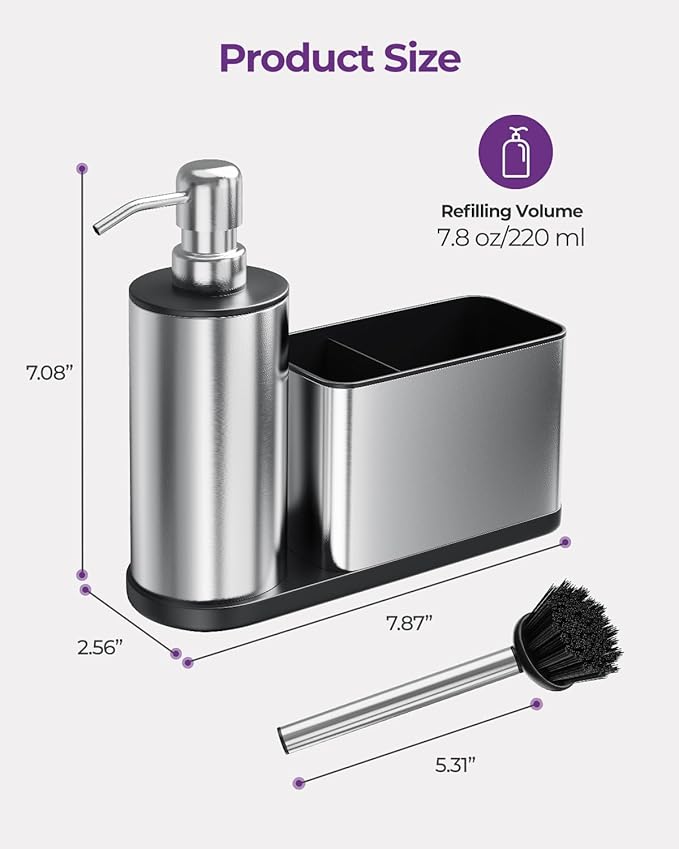 ODesign Kitchen Soap Dispenser Set - 3 in 1, Stainless Steel Dish Soap Dispenser with Sponge Holder, Dish Brush & Brush Holder, Kitchen Sink Caddy Organizer for Countertop - Rustproof, Non-Slip