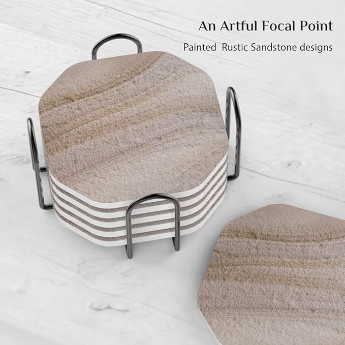 UMIRRO Stone Coasters for Drinks Absorbent for Wooden Coffee Table, Ceramic Stoneware Cup Coasters with Holder for Cold Beer or Hot Tea, Condensation Absorbing, Sandstone Style, Thirsty-Clay, 6 Pack